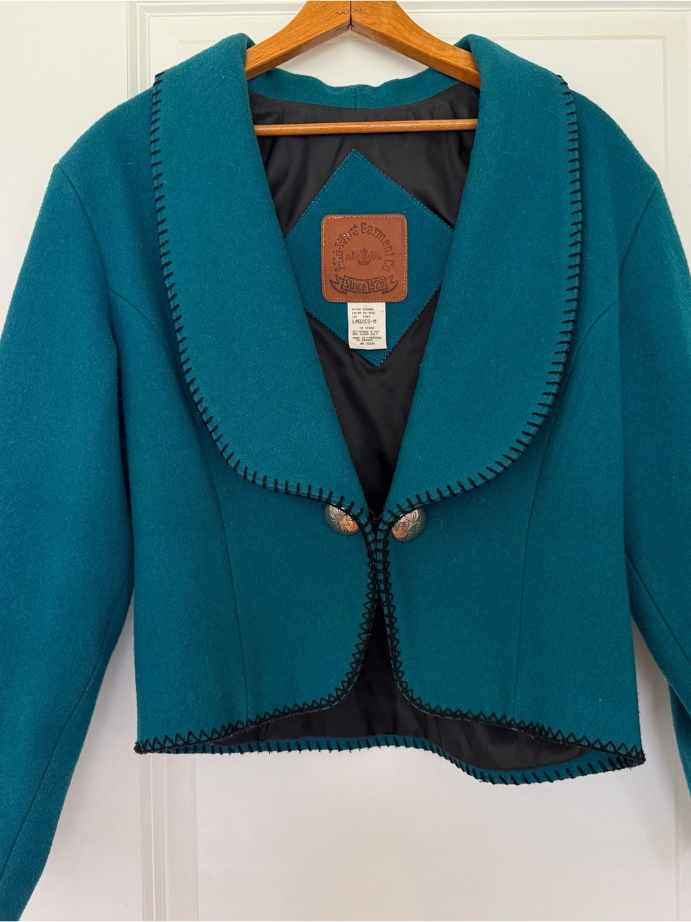 Teal Women's Cropped Wool Blend vintage Jacket with Contrast Stitching